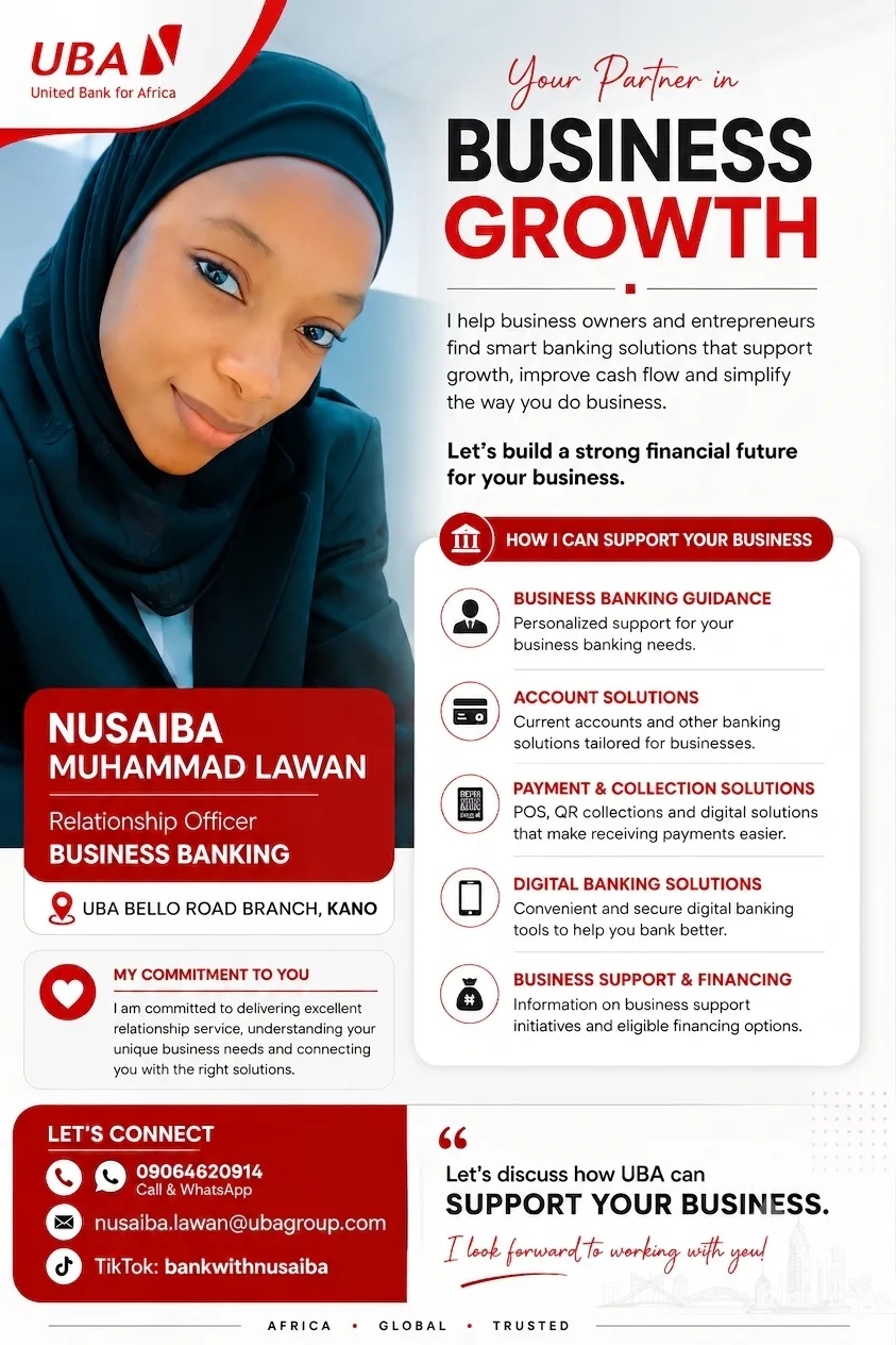 🏦 Business Accounts 💳 POS & Payment/Collection Solutions 📲 Digital Banking Solutions 💼 Business Support & Financing Options 🤝🏽 UBA Agent Banking 👤 Per